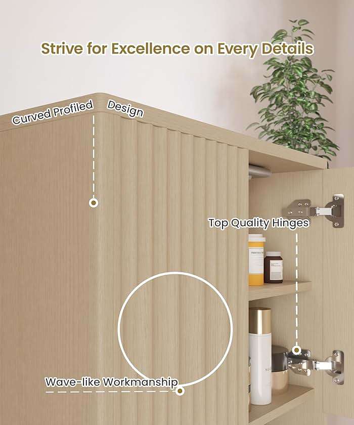 HAIOOU Fluted Bathroom Wall Cabinet with Motion Sensor Light, Curved Profile Wooden Medicine Cabinet Wall Mounted Cupboard, Wave Like Over Toilet Storage Cabinet with Buffering Hinges - Natural - Image 6