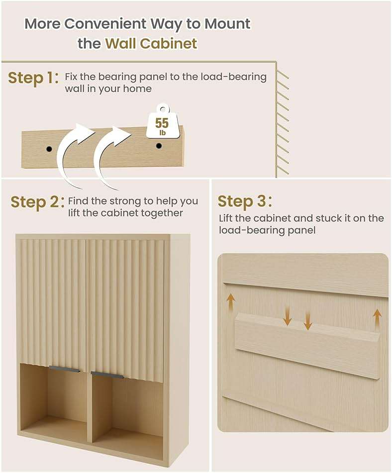 HAIOOU Fluted Bathroom Wall Cabinet with Motion Sensor Light, Curved Profile Wooden Medicine Cabinet Wall Mounted Cupboard, Wave Like Over Toilet Storage Cabinet with Buffering Hinges - Natural - Image 7