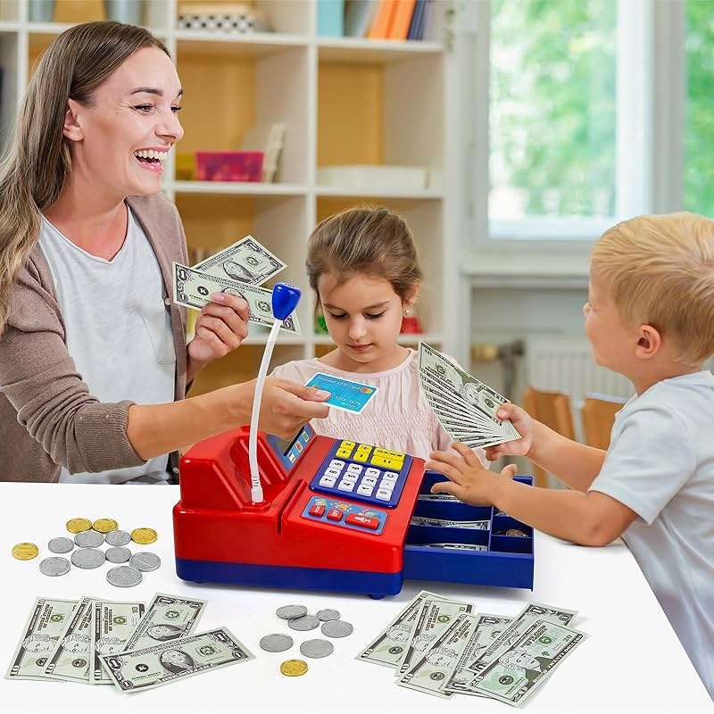 Bstoyder Calculator Cash Register Toy Gift for Kids Age 3, 4, 5, 6, 7, 8+ Year Old, 103 Pcs Grocery Store Playset with Microphone, Credit Card, Cash Register for Toddlers Kids 4-8 - Image 2
