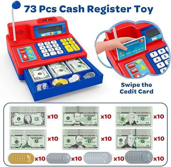Bstoyder Calculator Cash Register Toy Gift for Kids Age 3, 4, 5, 6, 7, 8+ Year Old, 103 Pcs Grocery Store Playset with Microphone, Credit Card, Cash Register for Toddlers Kids 4-8 - Image 3