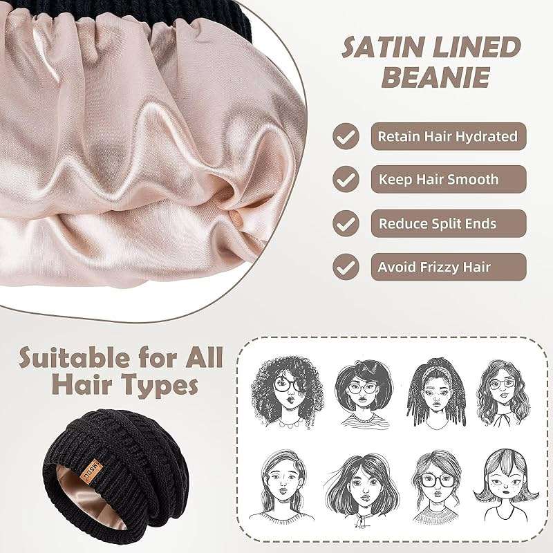 3 Pack Satin Lined Beanie for Women, Warm Slouchy Winter Hats with Silk Lined, Fashionable Oversized Cable Knit Hat Skull Cap - Image 4