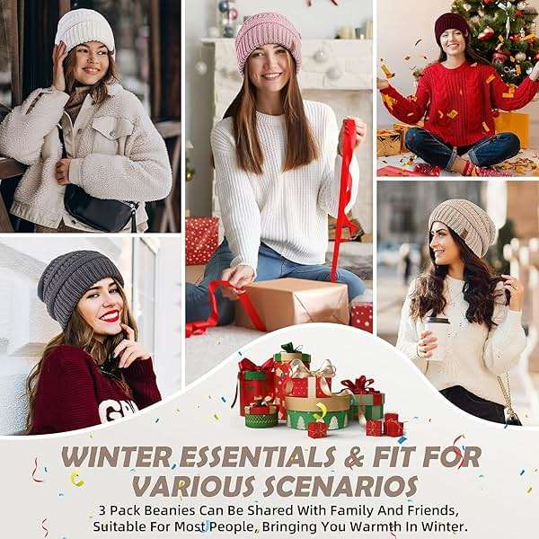 3 Pack Satin Lined Beanie for Women, Warm Slouchy Winter Hats with Silk Lined, Fashionable Oversized Cable Knit Hat Skull Cap - Image 7
