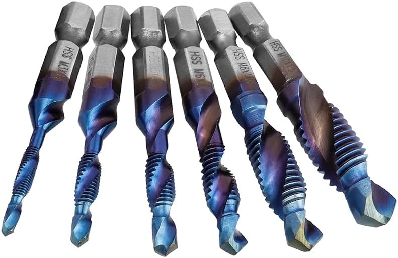 Mesee 6 Pieces HSS Tap Drill Bit Set M3 M4 M5 M6 M8 M10 Combination Drill & Taps Bits Hex Shank Blue Coated Spiral Screw Thread Tapping Tools for Drilling, Chamfering and Countersinking - Product Image