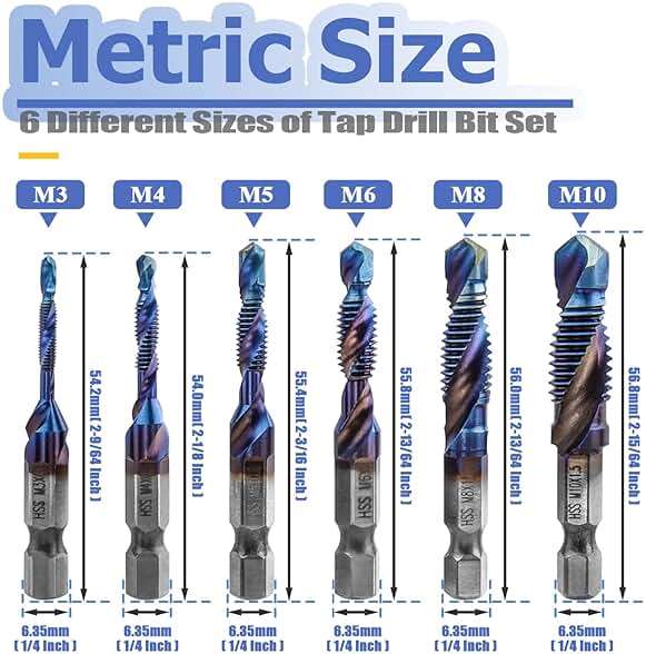 Mesee 6 Pieces HSS Tap Drill Bit Set M3 M4 M5 M6 M8 M10 Combination Drill & Taps Bits Hex Shank Blue Coated Spiral Screw Thread Tapping Tools for Drilling, Chamfering and Countersinking - Image 2