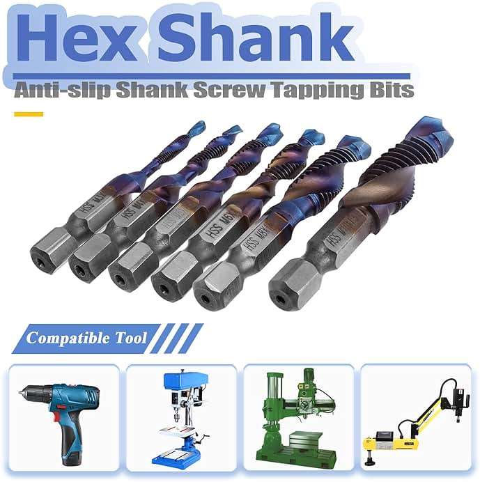 Mesee 6 Pieces HSS Tap Drill Bit Set M3 M4 M5 M6 M8 M10 Combination Drill & Taps Bits Hex Shank Blue Coated Spiral Screw Thread Tapping Tools for Drilling, Chamfering and Countersinking - Image 6