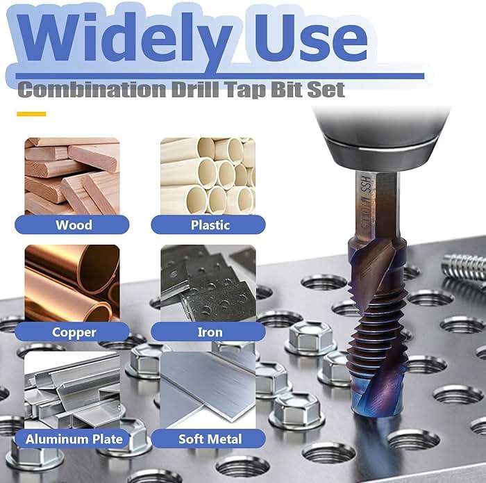 Mesee 6 Pieces HSS Tap Drill Bit Set M3 M4 M5 M6 M8 M10 Combination Drill & Taps Bits Hex Shank Blue Coated Spiral Screw Thread Tapping Tools for Drilling, Chamfering and Countersinking - Image 7