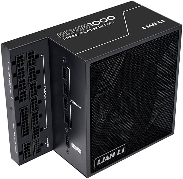 Lian Li Edge Series-1000W Full Modular Power Supply-80 Plus Platinum-ATX 3.0, 3.1-PCIE 5.1-L-Shape Design for Dual Chamber Case-120mm FDB Fan-Supports up to 4X USB Devices-Black (EG1000BE.US) - Product Image