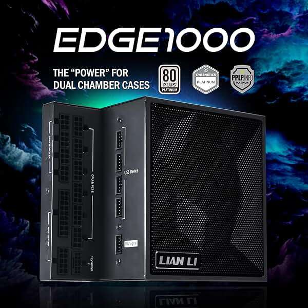 Lian Li Edge Series-1000W Full Modular Power Supply-80 Plus Platinum-ATX 3.0, 3.1-PCIE 5.1-L-Shape Design for Dual Chamber Case-120mm FDB Fan-Supports up to 4X USB Devices-Black (EG1000BE.US) - Image 2