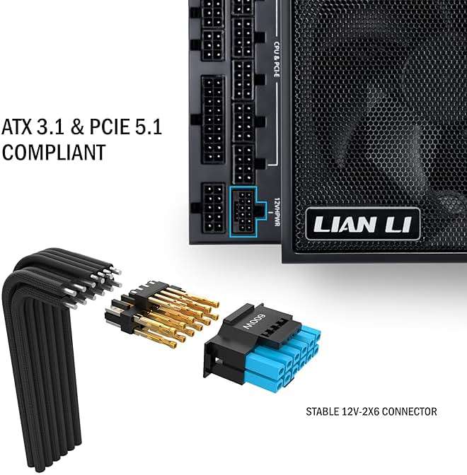 Lian Li Edge Series-1000W Full Modular Power Supply-80 Plus Platinum-ATX 3.0, 3.1-PCIE 5.1-L-Shape Design for Dual Chamber Case-120mm FDB Fan-Supports up to 4X USB Devices-Black (EG1000BE.US) - Image 3