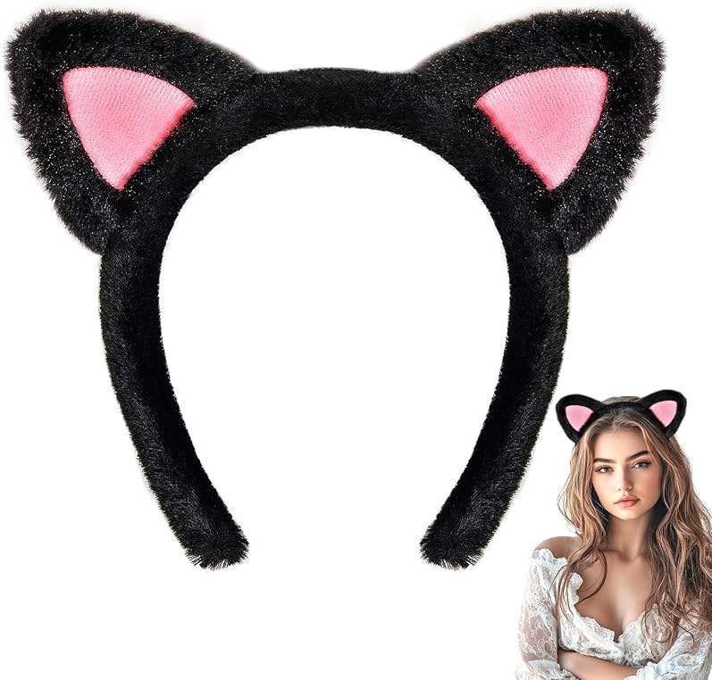 Parma77 Cat Ears Headband, Plush Soft Black Cat Ears Halloween Cosplay Headband Costume Accessories for Makeup, Shower - Image 1