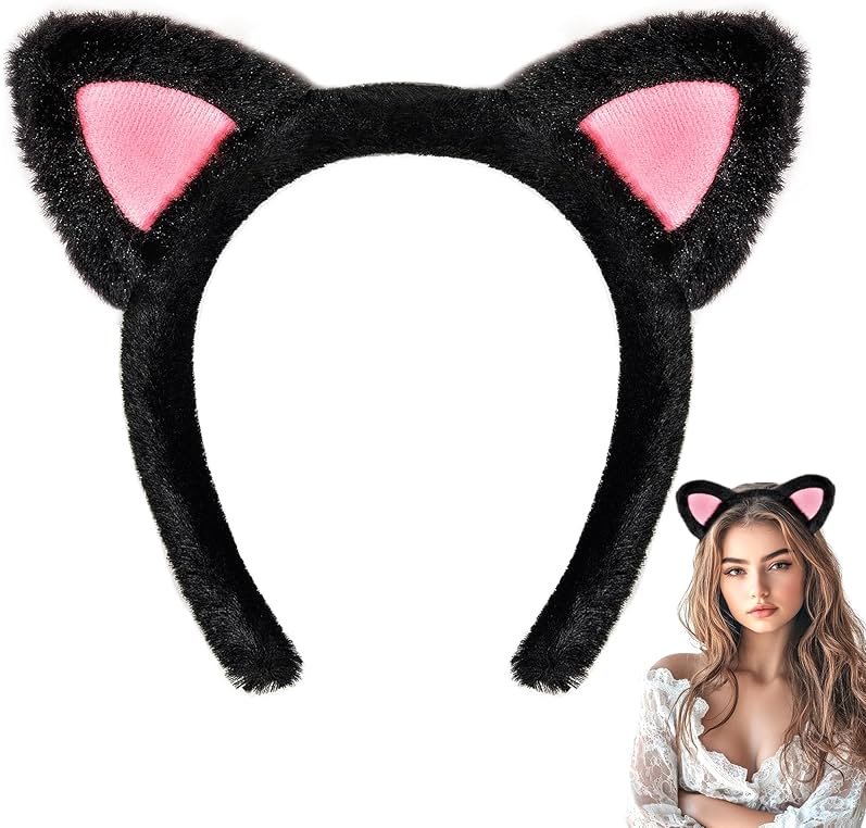 Parma77 Cat Ears Headband, Plush Soft Black Cat Ears Halloween Cosplay Headband Costume Accessories for Makeup, Shower - Product Image