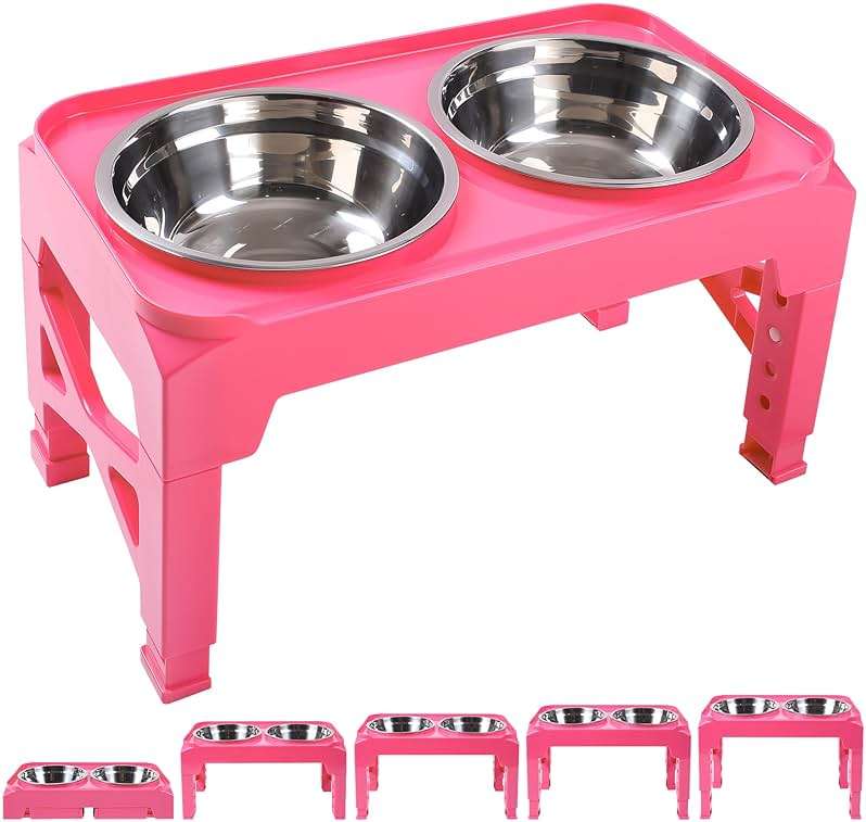 Hubulk Elevated Dog Bowls with 2 Stainless Steel Food & Water Raised Bowls with No Spill Edge Non-Slip Stand Adjusts to 5 Heights(3.2", 8.77", 9.9",11.1", 12.3")for Small Medium Large Dog and Pet Pink - Image 1
