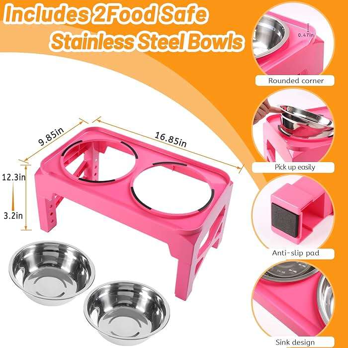 Hubulk Elevated Dog Bowls with 2 Stainless Steel Food & Water Raised Bowls with No Spill Edge Non-Slip Stand Adjusts to 5 Heights(3.2", 8.77", 9.9",11.1", 12.3")for Small Medium Large Dog and Pet Pink - Image 4
