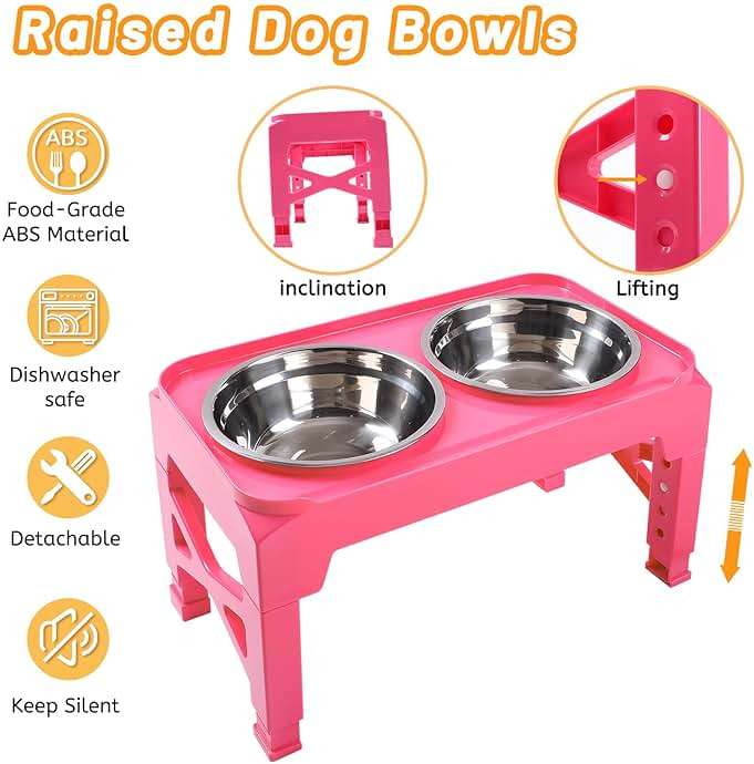 Hubulk Elevated Dog Bowls with 2 Stainless Steel Food & Water Raised Bowls with No Spill Edge Non-Slip Stand Adjusts to 5 Heights(3.2", 8.77", 9.9",11.1", 12.3")for Small Medium Large Dog and Pet Pink - Image 7