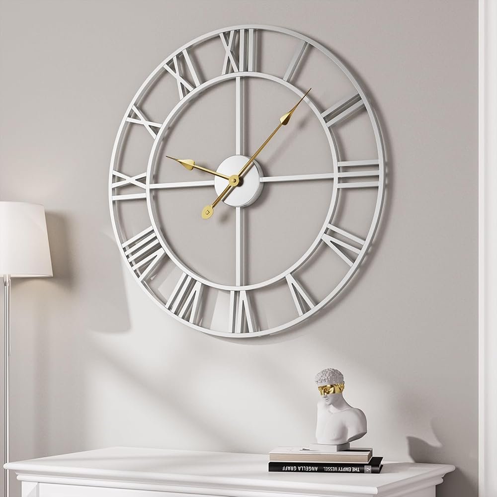 Cuspin 30 Inch Large Wall Clock, Modern Silver Metal Big Decorative Wall Clock Home Decor, Battery-Operated Roman Numeral Analog Metal Round Wall Clocks for Living Room, Bedroom, Office - Product Image
