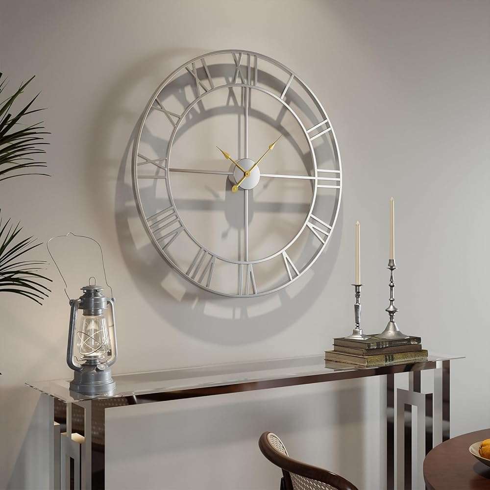 Cuspin 30 Inch Large Wall Clock, Modern Silver Metal Big Decorative Wall Clock Home Decor, Battery-Operated Roman Numeral Analog Metal Round Wall Clocks for Living Room, Bedroom, Office - Image 8