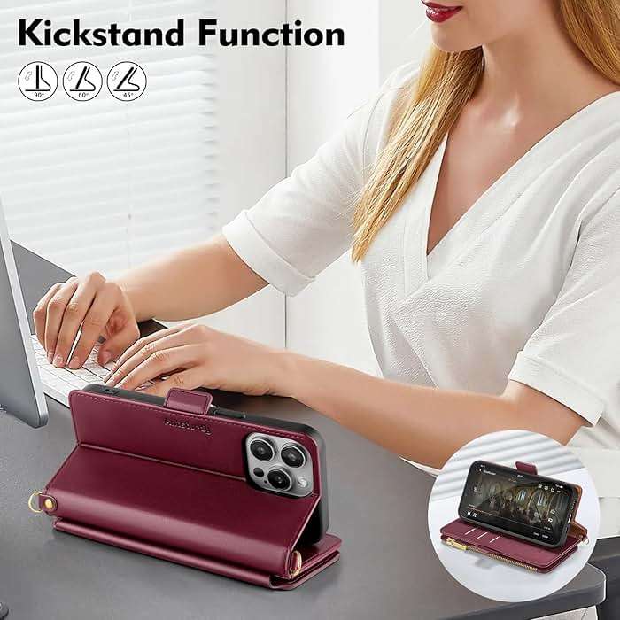 Antsturdy Compatible with iPhone 16 Pro Wallet Case for Women【RFID Blocking】 Crossbody Phone Case PU Leather Zipper with Wrist Strap Flip Cover Credit Card Holder for Apple 16 Pro 6.3",Wine Red - Image 7