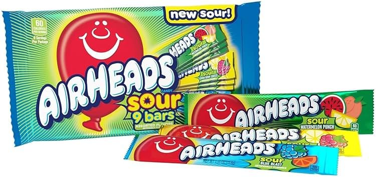 Airheads SOUR Candy Bars, Sour Watermelon Punch, Blue Blast, Lemon Berry Squeeze, 9 Bar Movie Theater Box - Product Image