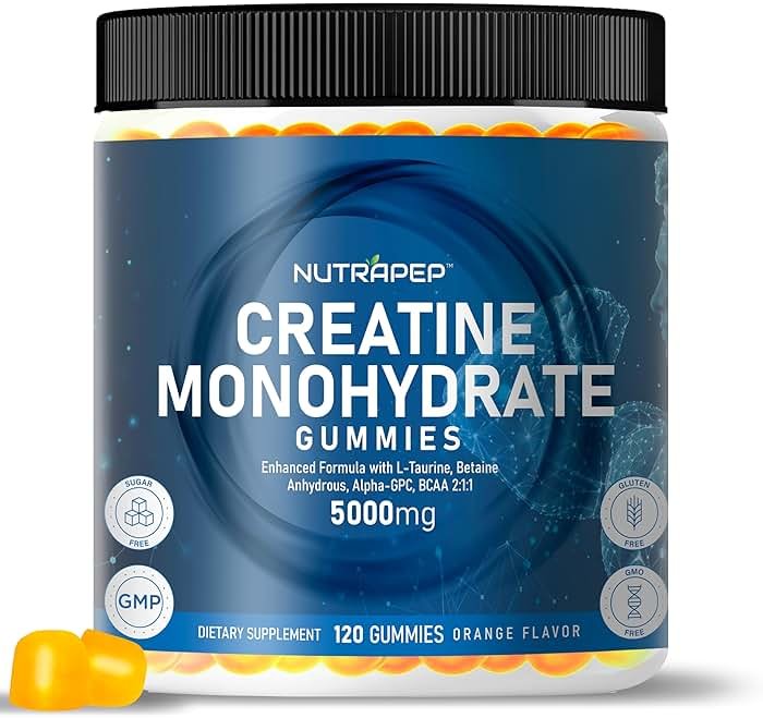 NutraPep Creatine Monohydrate Gummies 5g for Men Women - with L-Taurine Betaine Anhydrous Alpha-GPC BCAA 2:1:1 - Sugar-Free Gluten Free Chewable Creatine Supplement Bites - Product Image