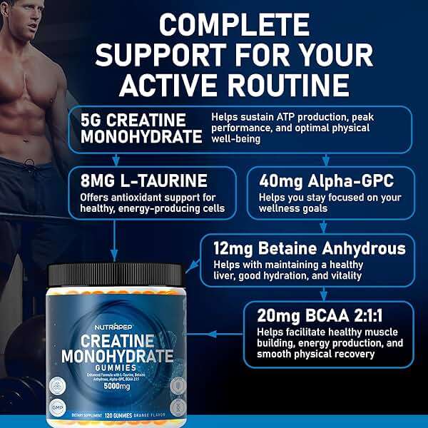 NutraPep Creatine Monohydrate Gummies 5g for Men Women - with L-Taurine Betaine Anhydrous Alpha-GPC BCAA 2:1:1 - Sugar-Free Gluten Free Chewable Creatine Supplement Bites - Image 2