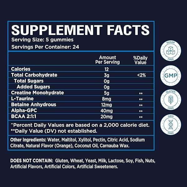 NutraPep Creatine Monohydrate Gummies 5g for Men Women - with L-Taurine Betaine Anhydrous Alpha-GPC BCAA 2:1:1 - Sugar-Free Gluten Free Chewable Creatine Supplement Bites - Image 7