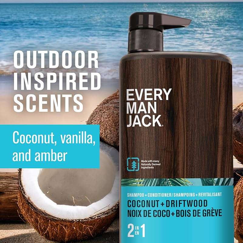 Every Man Jack 2-in-1 Daily Shampoo + Conditioner - Coconut & Driftwood | Nourishing For All Hair Types, Naturally Derived, Cruelty-Free Shampoo and Conditioner Set for Men | 24oz - 1 Bottle - Image 3