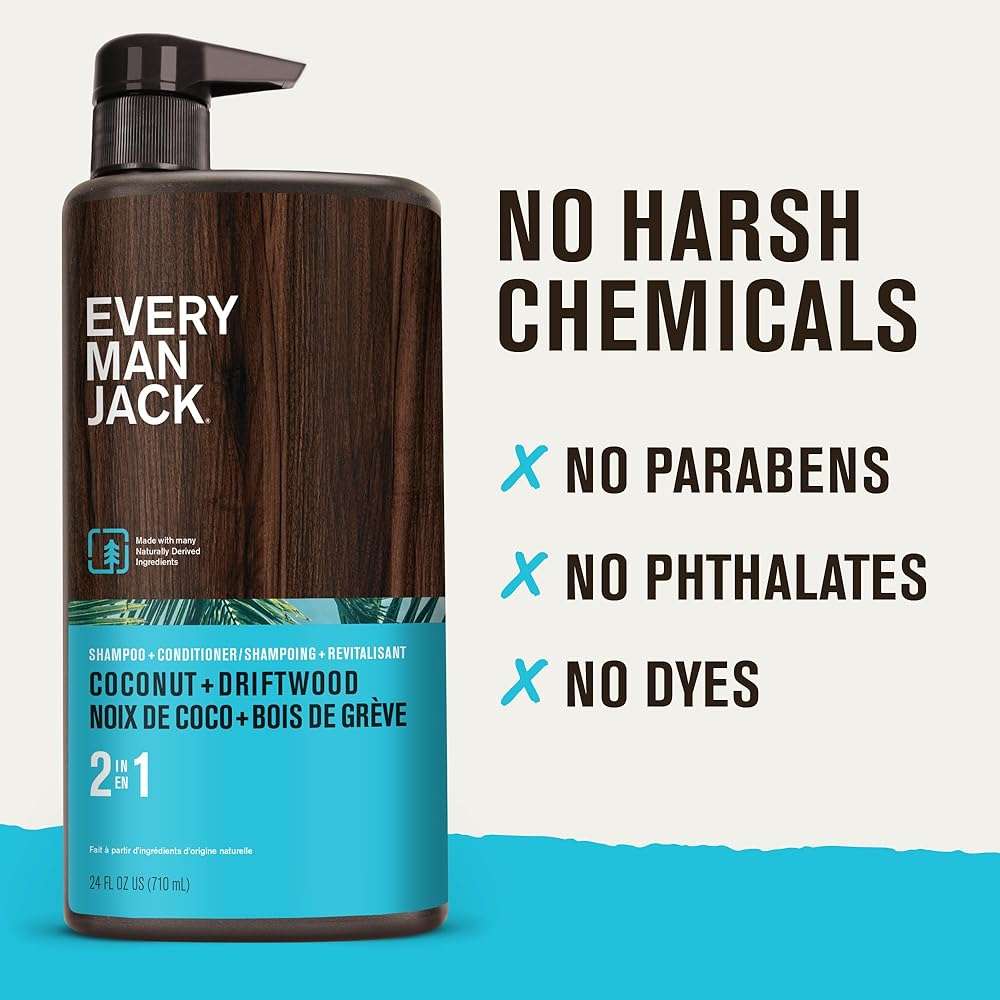 Every Man Jack 2-in-1 Daily Shampoo + Conditioner - Coconut & Driftwood | Nourishing For All Hair Types, Naturally Derived, Cruelty-Free Shampoo and Conditioner Set for Men | 24oz - 1 Bottle - Image 6