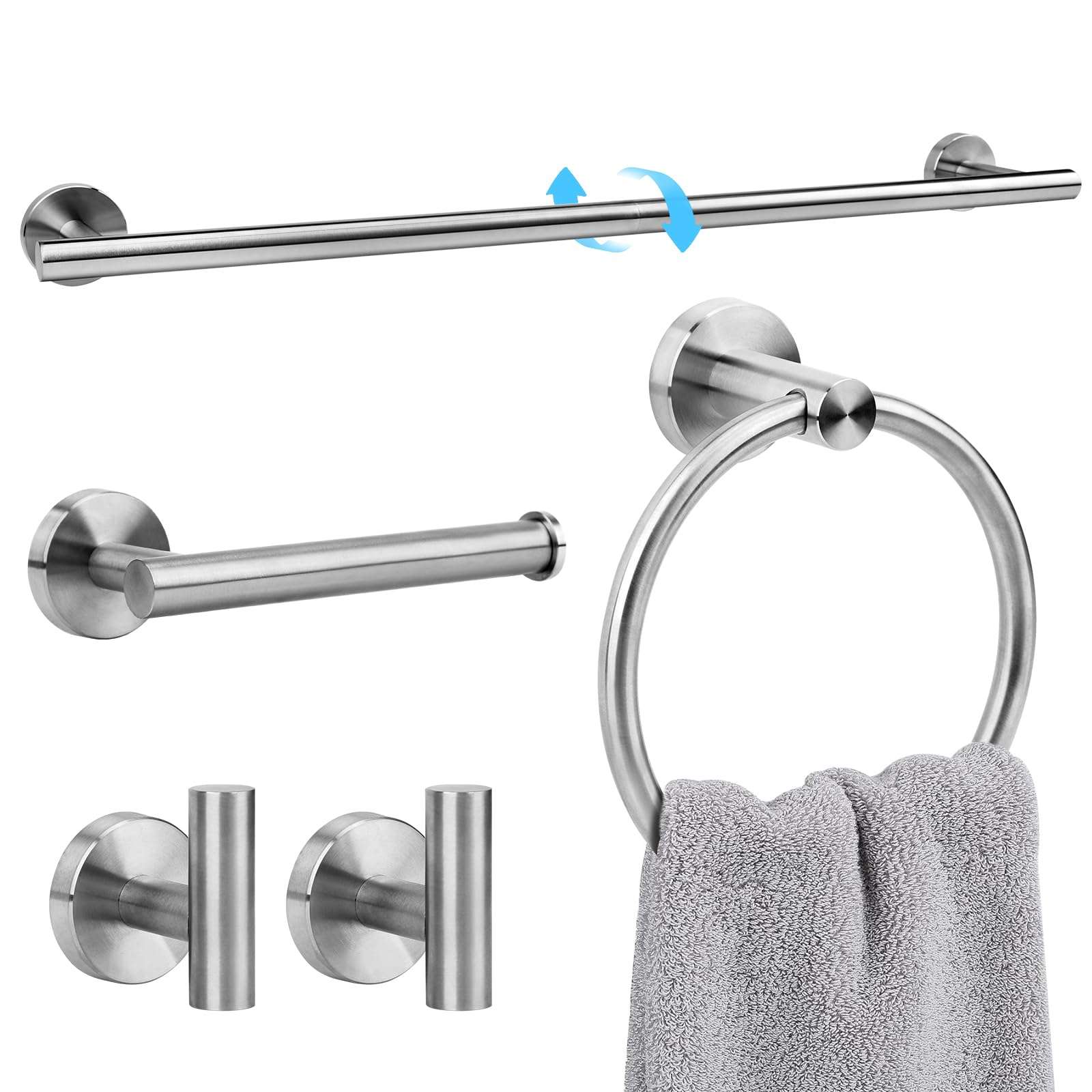 Ntipox Brushed Nickel Bathroom Hardware Accessories Set 5 Piece, Stainless Steel Bath Towel Bar Set 24 Inch,Toilet Paper Holder,Towel Ring Holder,Towel Rack Set, Brushed Nickel - Image 1