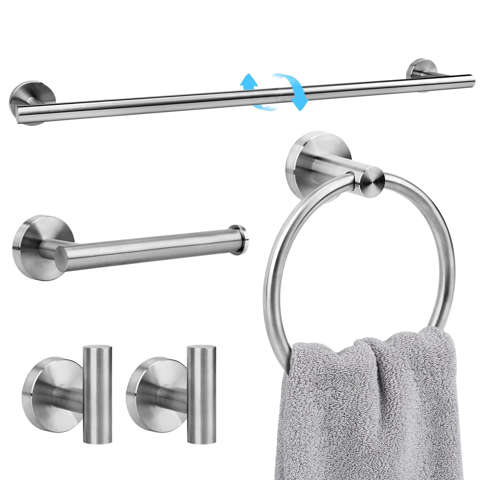 Ntipox Brushed Nickel Bathroom Hardware Accessories Set 5 Piece, Stainless Steel Bath Towel Bar Set 24 Inch,Toilet Paper Holder,Towel Ring Holder,Towel Rack Set, Brushed Nickel - Product Image