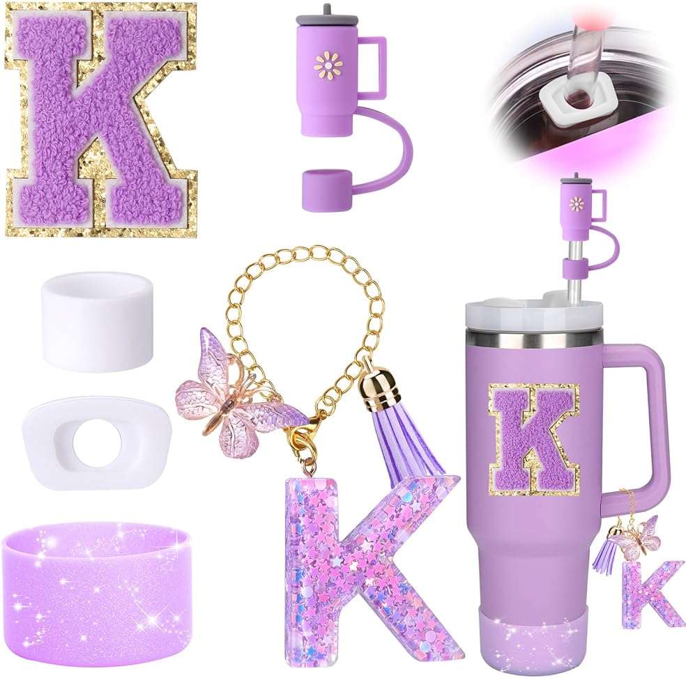 Mity rain 6PCS Cup Accessories Set for Stanley Cup 30oz 40oz tumbler with handle, Including Silicone Straw Topper Cover Cap and Boot, Spill Proof Stopper, Handle Charm, Initials Sticker (Letter K) - Image 1
