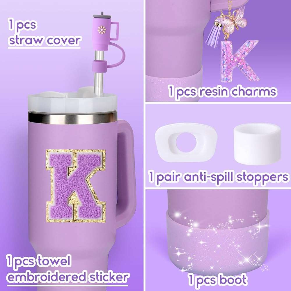 Mity rain 6PCS Cup Accessories Set for Stanley Cup 30oz 40oz tumbler with handle, Including Silicone Straw Topper Cover Cap and Boot, Spill Proof Stopper, Handle Charm, Initials Sticker (Letter K) - Image 4