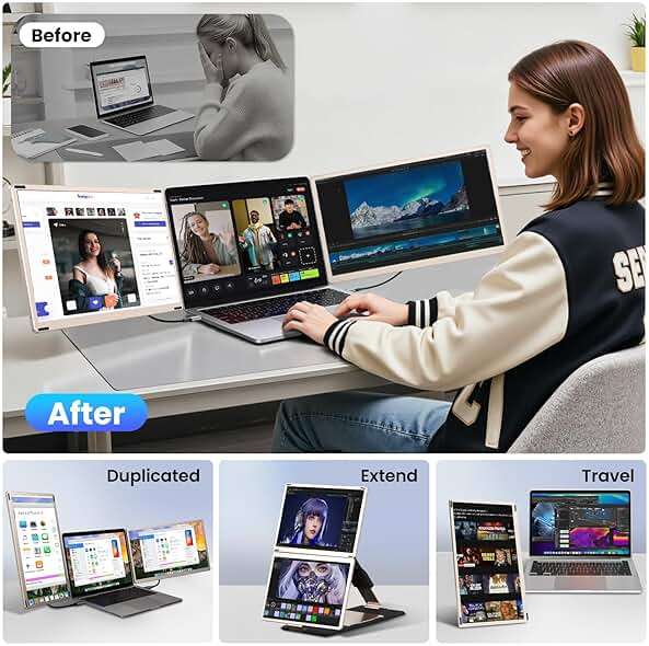 Enzion Laptop Screen Extender,Upgraded 15.6" Portable Monitor,FHD 1080P Triple Laptop Screen Extender,Detachable Dual Monitor for 13”-17” Laptops,Plug & Play,Compatible with Mac/Wins/Chrome/Dex - Image 3
