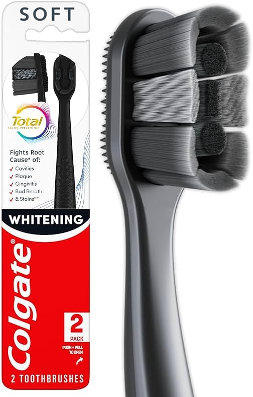 Colgate Total Active Prevention Soft Bristle Whitening Toothbrushes, Soft Toothbrush with Charcoal Infused Bristles, Helps Whiten and Reaches Deeper Along The Gumline and Between Teeth, Black, 2 Pack - Product Image