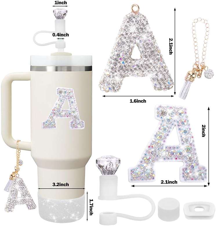 Mity rain Accessories Set for Stanley Cup, Initials Decorations for Tumbler Cup 30/40OZ, Including Diamond Straw Topper/Spill Proof Stopper/Sparkly Silicone Boot Set/Letter Charms for Handle A-Z (A-) - Image 3