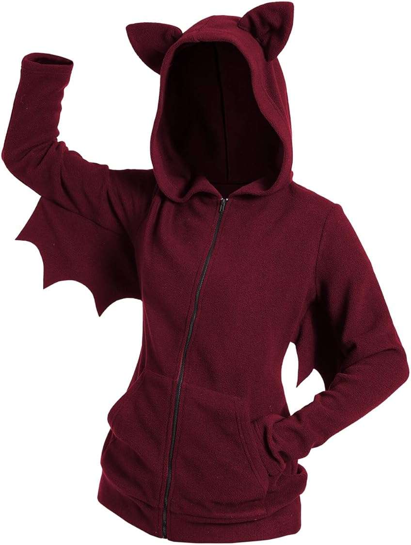 DRESSFO Women’s Halloween Hoodie Costume – Zip-Up Hooded Jacket with Cat Ears and Mini Bat Wing Detail - Image 1
