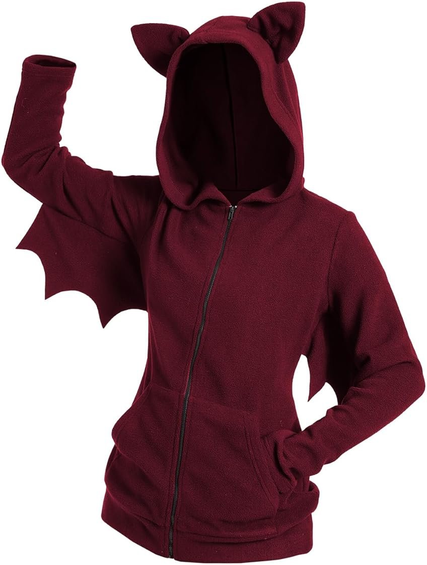 DRESSFO Women’s Halloween Hoodie Costume – Zip-Up Hooded Jacket with Cat Ears and Mini Bat Wing Detail - Product Image