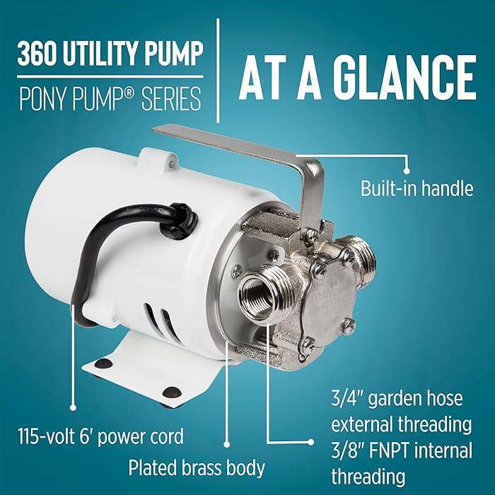 Little Giant 360 115V, 360 GPH, 1/10 HP, Plated Brass Non-Submersible Multi-Purpose Utility Water Transfer Pony Pump with 6-Ft. Cord, White, 555112 - Image 4