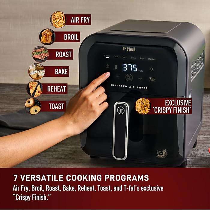 T-fal Infrared Air Fryer, 2x Faster Than Traditional Heating*, Large Air Fryer Toaster Oven Combo, 6 Qt Digital Touch Screen, 7-in-1 Cooking Functions, No-Shake Technology, 1550W, Black, - Image 8