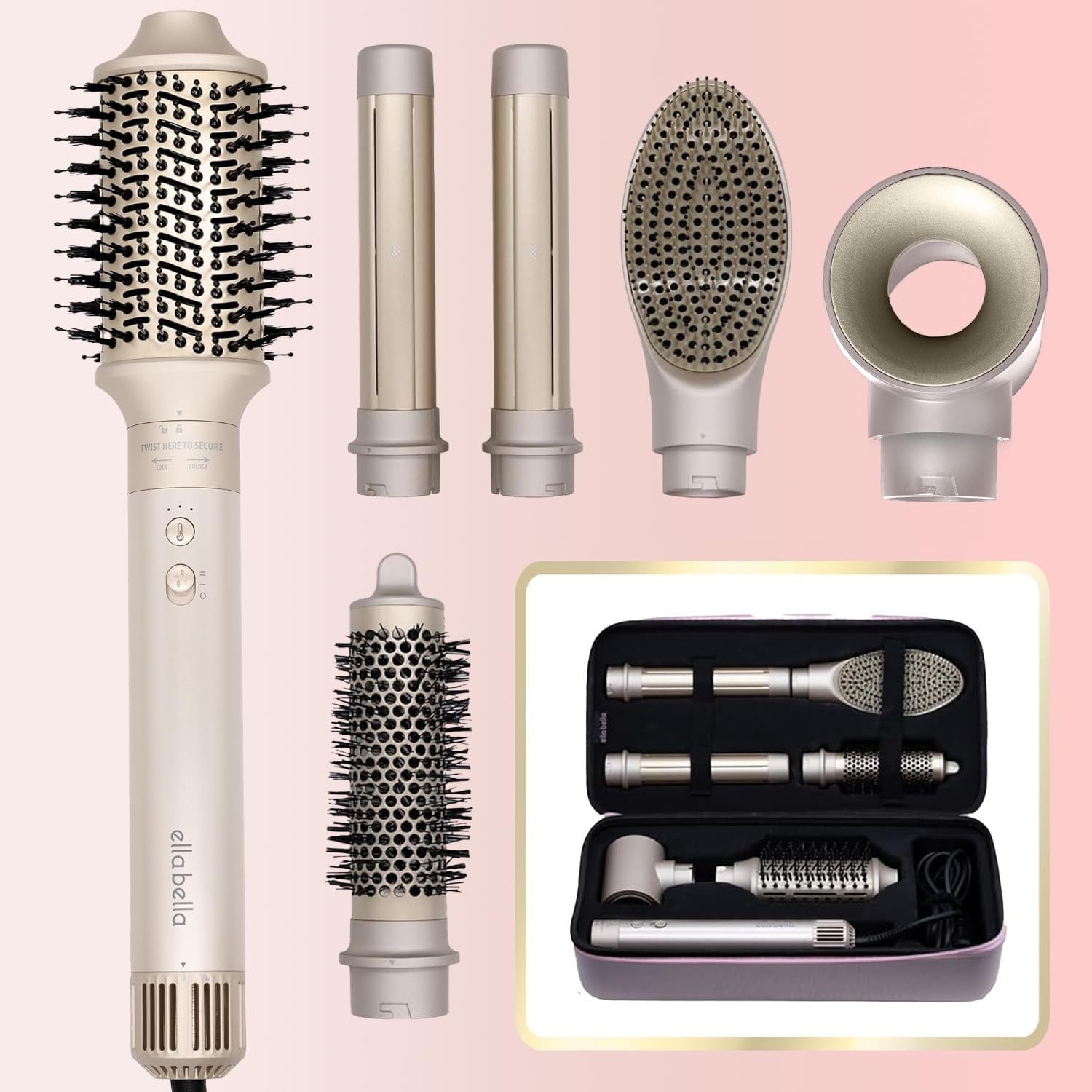ELLA BELLA® 6 in 1 Professional Hot Air Styler • Powerful Hair Dryer & Straightener Set • Styling Without Heat Damage • Fast Drying Curling Volumizing Straightening • Includes Protective Travel Case - Product Image