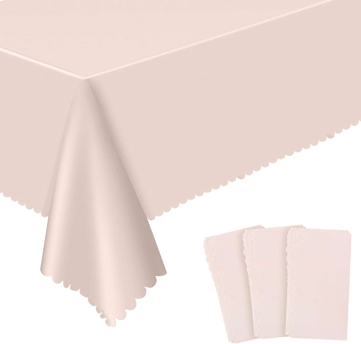 3 Pack Plastic Light Pink Tablecloths, 54 X 108Inch Disposable Spring Tablecloth Scalloped Pink Table Cloth for Rectangle Tables Table Cover for Girls Birthday Baby Bridal Shower Tea Party Wedding - Image 1