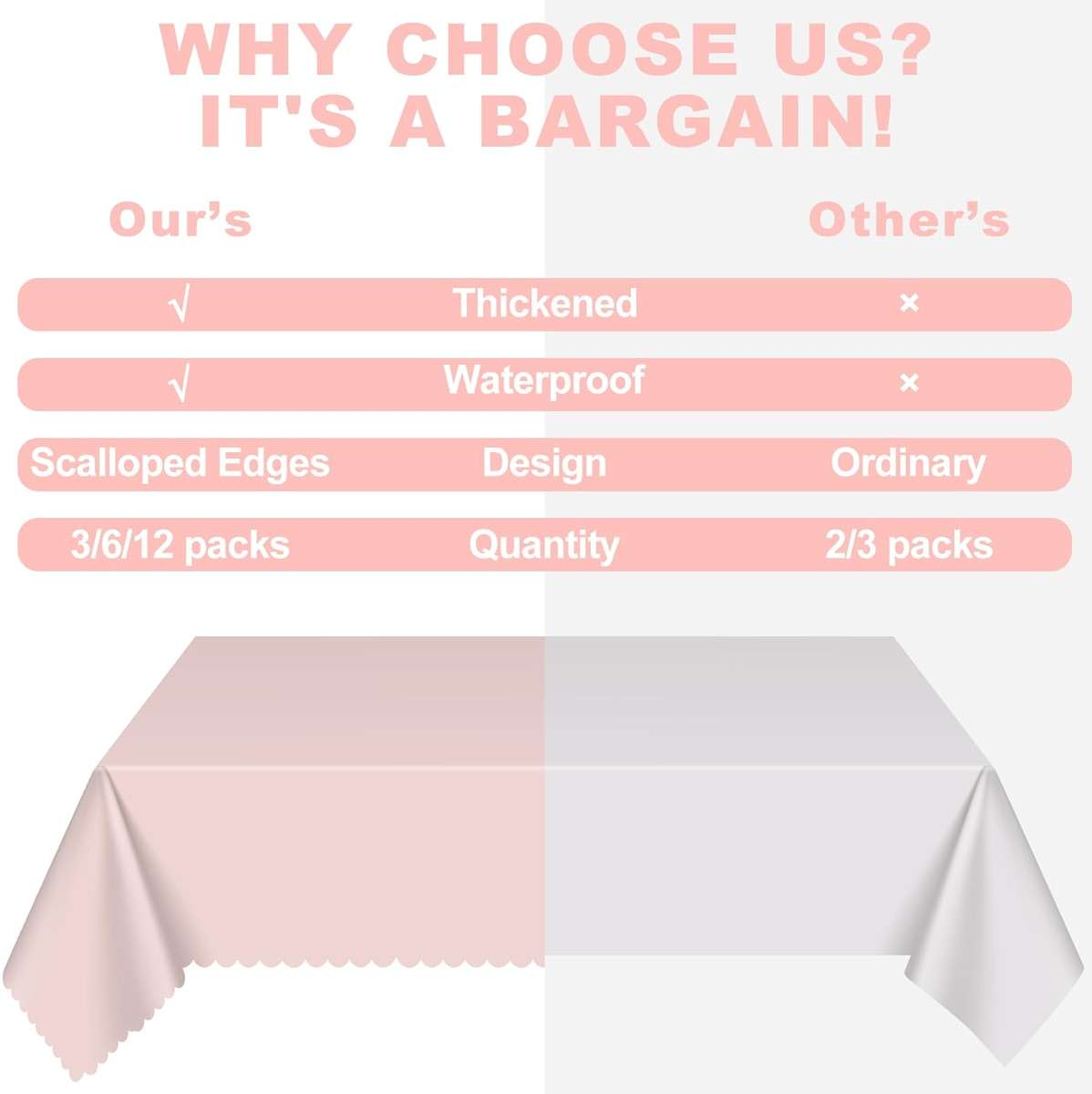 3 Pack Plastic Light Pink Tablecloths, 54 X 108Inch Disposable Spring Tablecloth Scalloped Pink Table Cloth for Rectangle Tables Table Cover for Girls Birthday Baby Bridal Shower Tea Party Wedding - Image 5