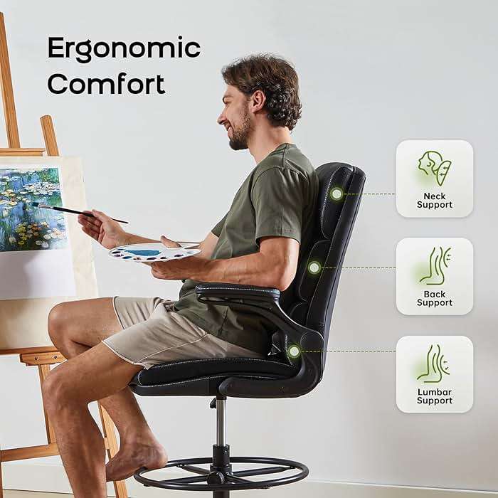 Drafting Chair Tall Office Chair with Padded Flip-up Armrests Executive Ergonomic Computer Standing Desk Chair with Comfortable Leather Backrest and Adjustable Footrest Ring (Black) - Image 3