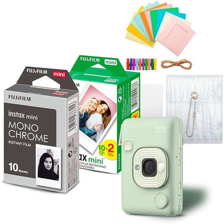 Fujifilm Instax Mini LiPlay Hybrid Instant Camera and Smartphone Printer (Matcha Green) Bundle with Instax Mini Twin Film Pack (20 Exposures), Instax Mini Monochrome Film, and Accessory Kit (4 Items) - Image 1