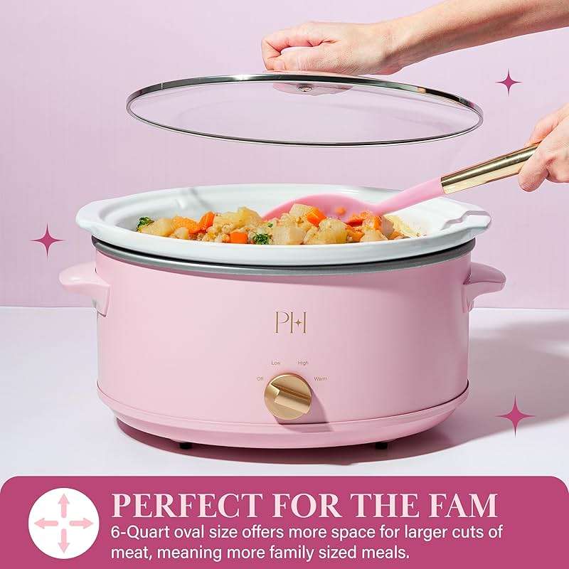 Paris Hilton 6-Quart Manual Slow Cooker, Naturally Nonstick Stoneware Ceramic Insert, Three Settings (Low, High, Warm), Dishwasher Safe Family Size Slow Cooker, Pink - Image 3