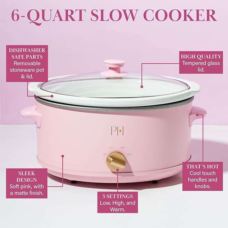Paris Hilton 6-Quart Manual Slow Cooker, Naturally Nonstick Stoneware Ceramic Insert, Three Settings (Low, High, Warm), Dishwasher Safe Family Size Slow Cooker, Pink - Image 4