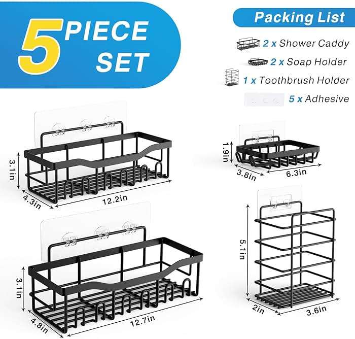 EUDELE 5-Pack Rustproof Stainless Steel Shower Caddy Set– No Drill Adhesive Bathroom Organizer, Space-Saving Shower Shelves for Apartment Essentials, Bathroom/Kitchen Storage Home Decor-L Size - Image 2