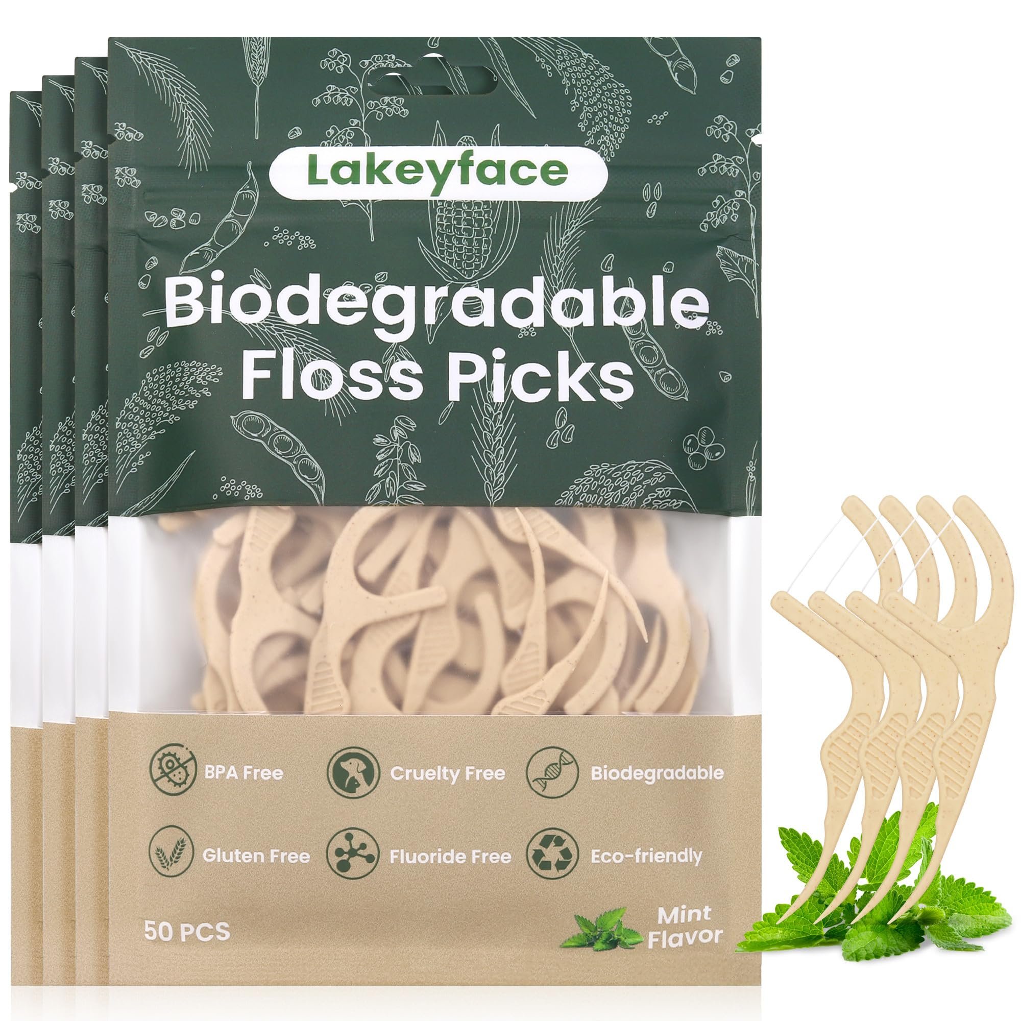 200 Count Biodegradable Dental Floss Picks, Eco Friendly Plant-Based Tooth Flossers for adults, Tear-Resistant Floss Sticks with Wide Handles, Vegan & BPA Free Dental Floss for Natural Oral Care, Mint - Product Image