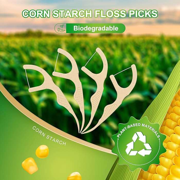 200 Count Biodegradable Dental Floss Picks, Eco Friendly Plant-Based Tooth Flossers for adults, Tear-Resistant Floss Sticks with Wide Handles, Vegan & BPA Free Dental Floss for Natural Oral Care, Mint - Image 2