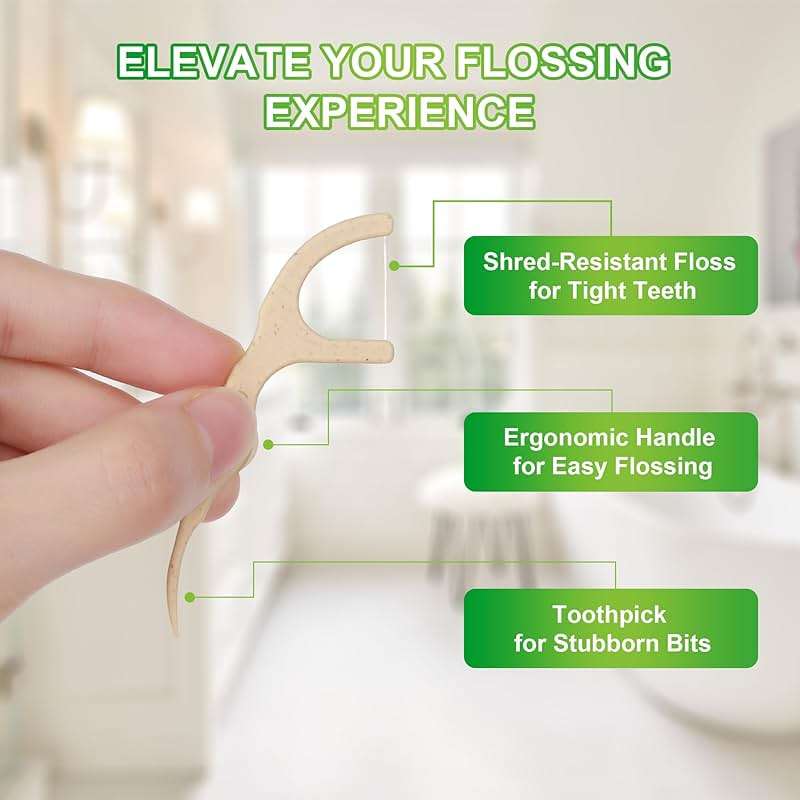 200 Count Biodegradable Dental Floss Picks, Eco Friendly Plant-Based Tooth Flossers for adults, Tear-Resistant Floss Sticks with Wide Handles, Vegan & BPA Free Dental Floss for Natural Oral Care, Mint - Image 3