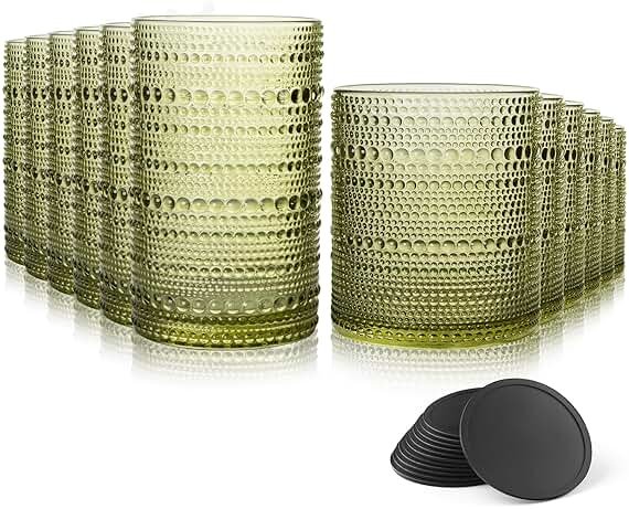 DmmyAlzx Hobnail Drinking Glasses Set of 12 Count, Vintage Glassware, Old Fashioned Glasses, 6 Highball Bubble Drinking Cups 14.5 oz, 6 Rocks Cups 10 oz with 6 Silicone Coasters, Green - Product Image